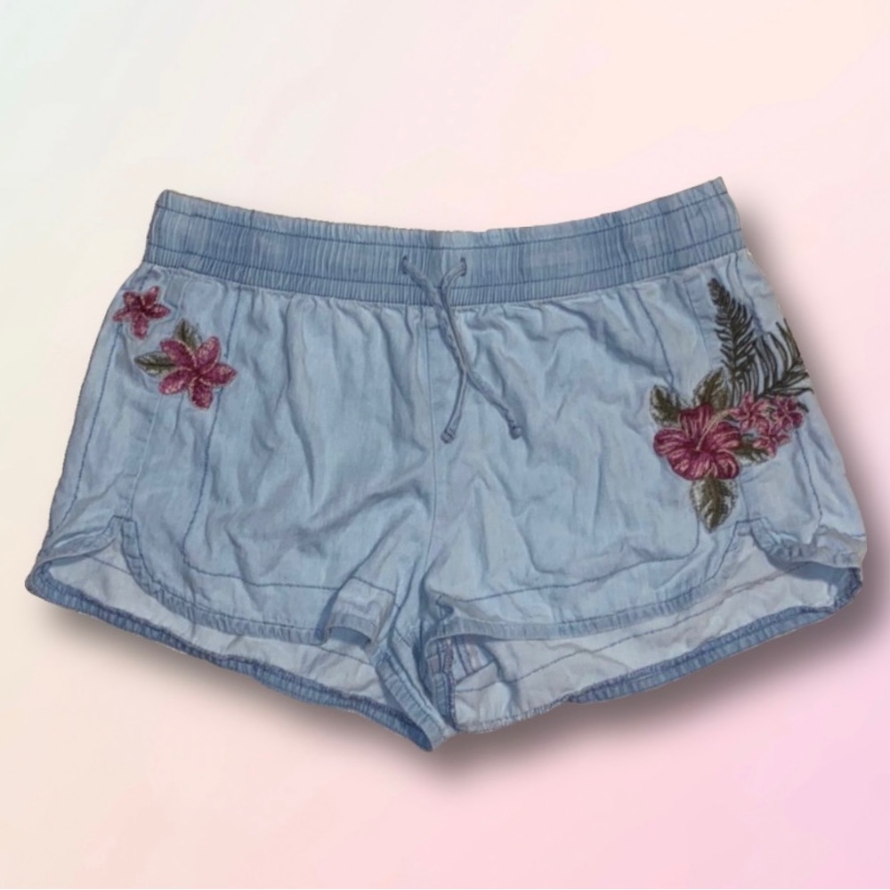 Express Light Blue Denim-Look Floral Embroidered Drawstring Shorts